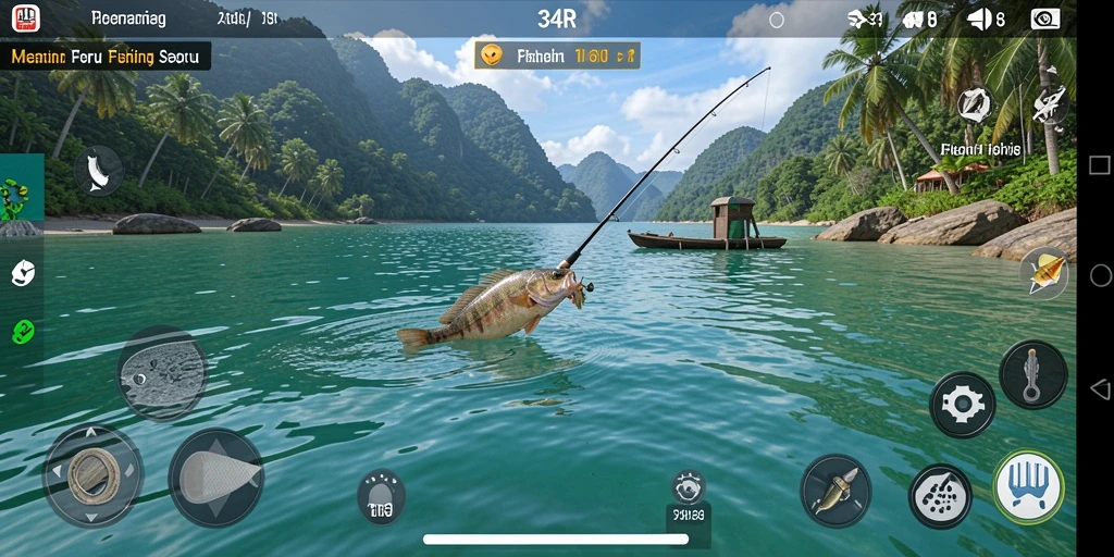 Tampilan gameplay 34R yang menampilkan suasana memancing yang menakjubkan.