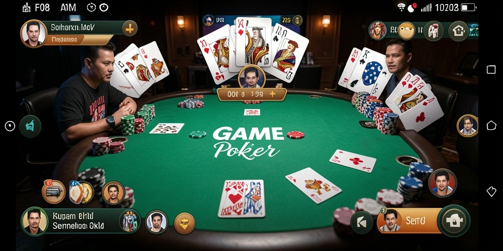 Screenshot gameplay F08 menampilkan suasana permainan poker yang intens.