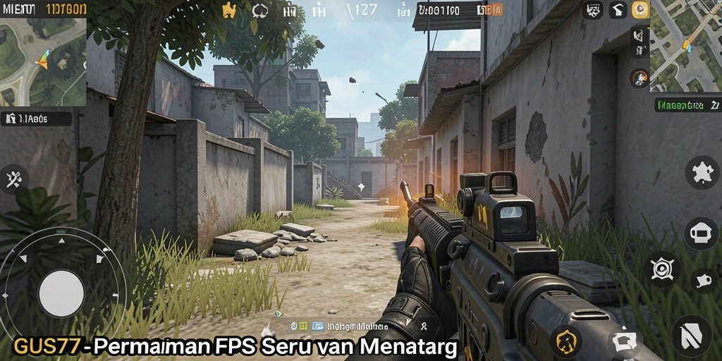 Screenshot utama GUS77 menunjukkan aksi pertempuran intens dalam mode FPS.