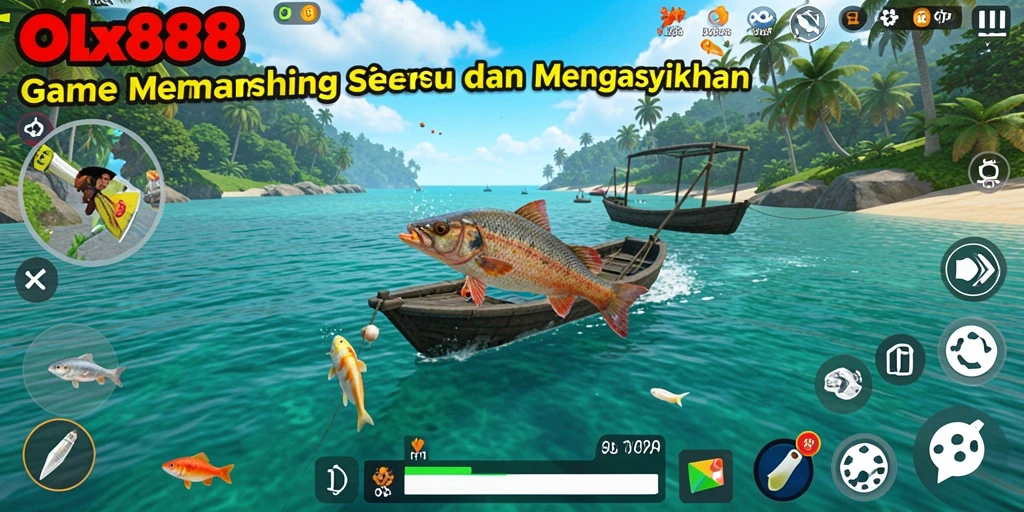 Screenshot menunjukkan pemain menangkap ikan di laut biru yang menakjubkan.