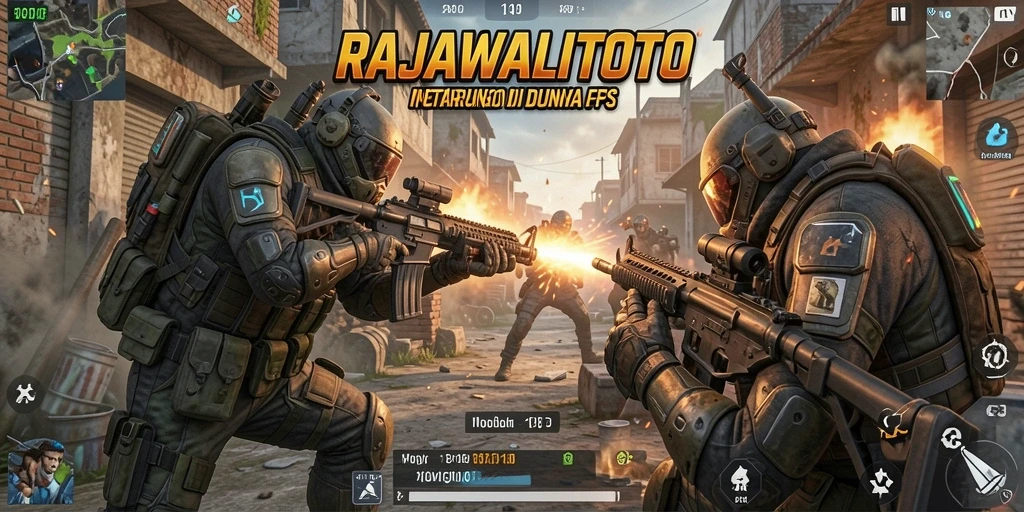 Tampilan gameplay intens RAJAWALITOTO dengan aksi menembak seru.